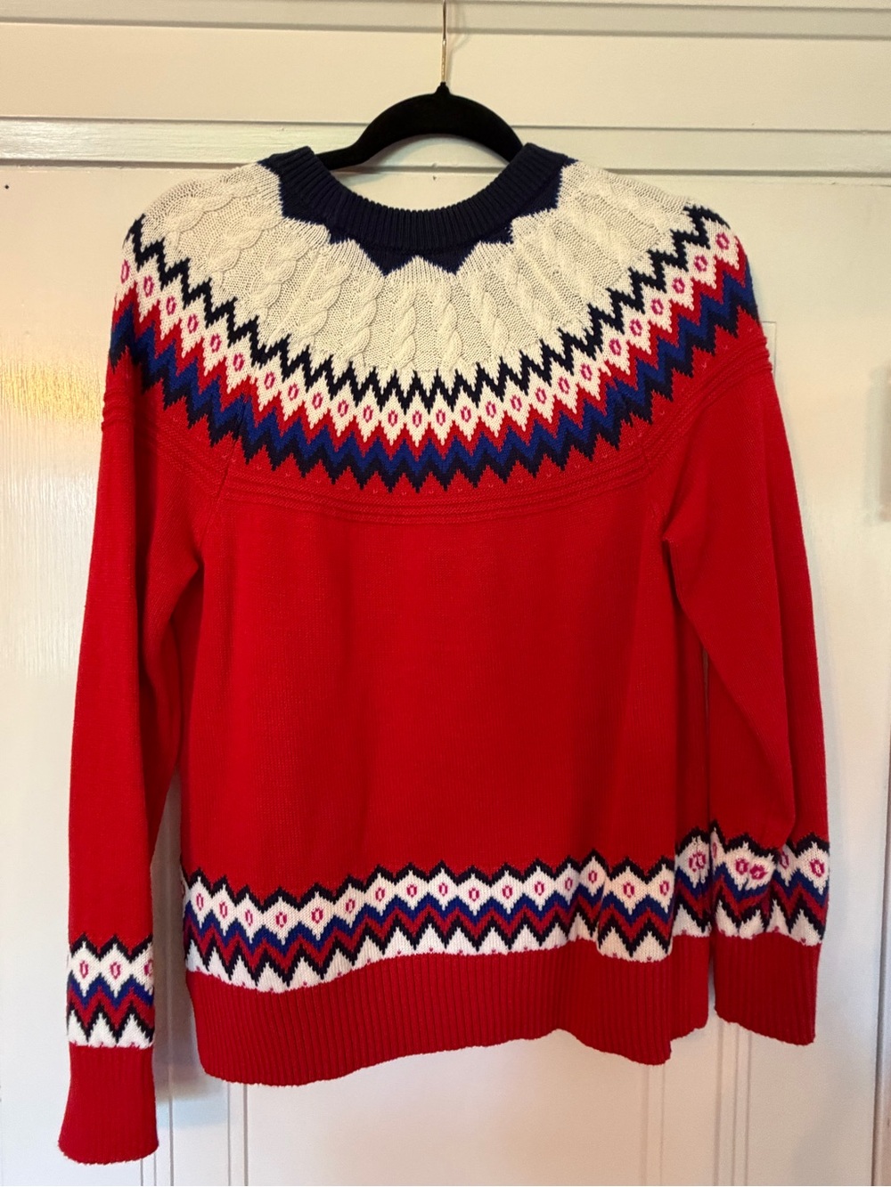 Charter Club Red Fair Isle Crewneck Sweater with Navy & White Yoke